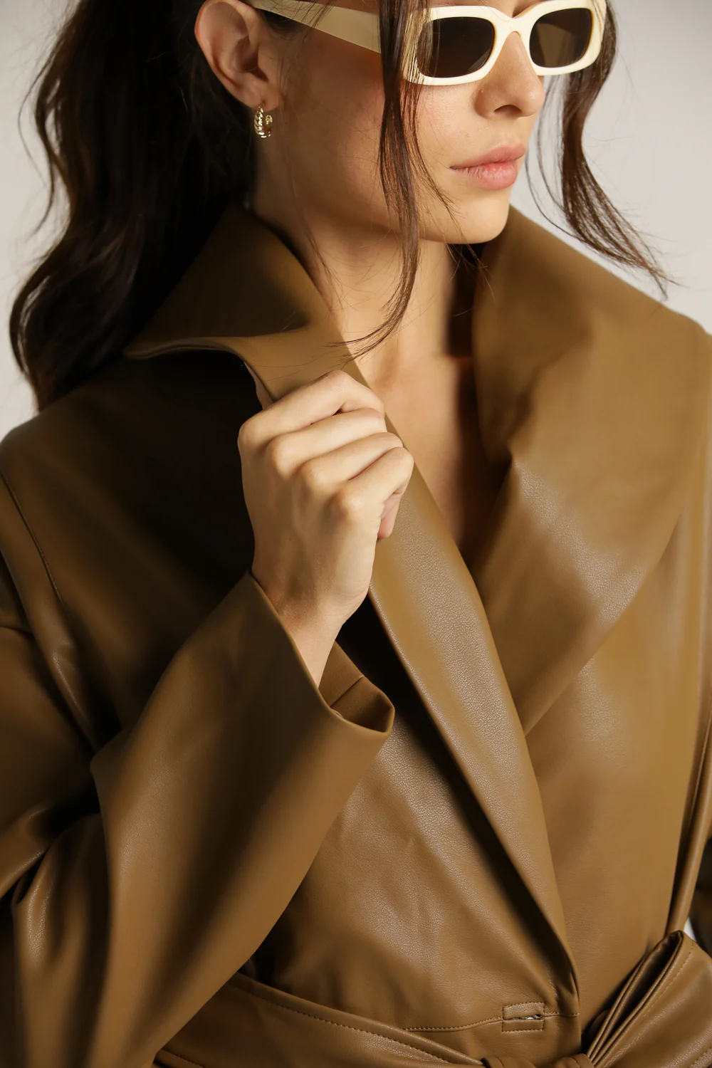 Belted Faux Leather Wrap Coat - Image 3