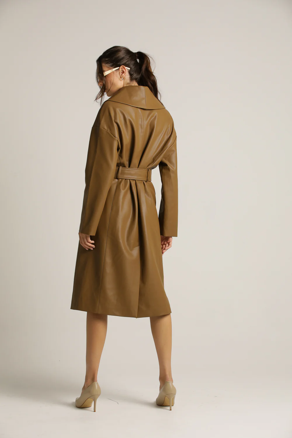 Belted Faux Leather Wrap Coat - Image 4