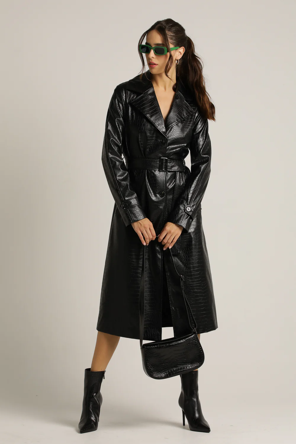 Crocodile Texture Faux Leather Trench - Image 3